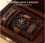 New Men Watch Luxury Bracelet Set Fashion Business Brown Leather Quartz Wrist Watches for Men Gift Set Relogio Masculino