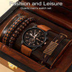 New Men Watch Luxury Bracelet Set Fashion Business Brown Leather Quartz Wrist Watches for Men Gift Set Relogio Masculino