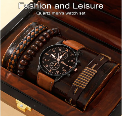 New Men Watch Luxury Bracelet Set Fashion Business Brown Leather Quartz Wrist Watches for Men Gift Set Relogio Masculino
